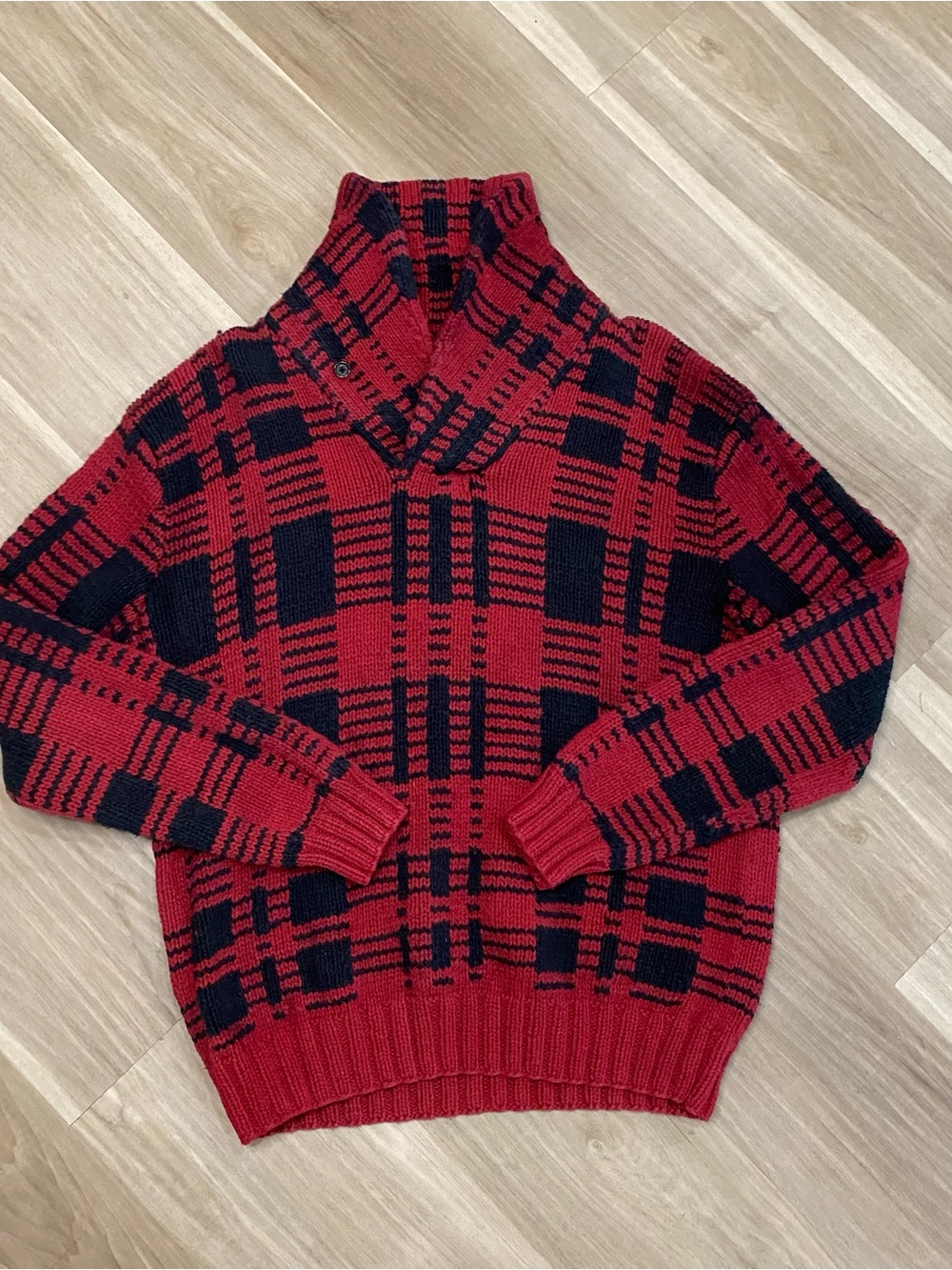 Polo Ralph Lauren Sweater Mens Large L Hand Knit Cotton Red Black Plaid Shawl